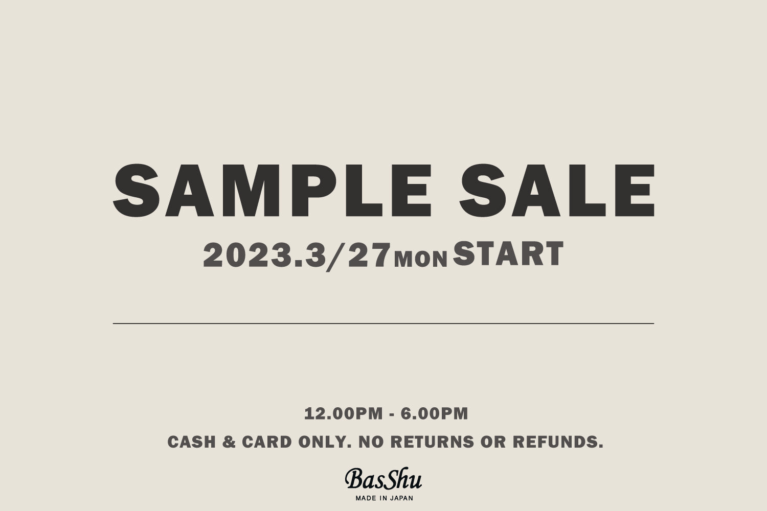 【SAMPLE SALE】3/27(月)より店舗限定で開催